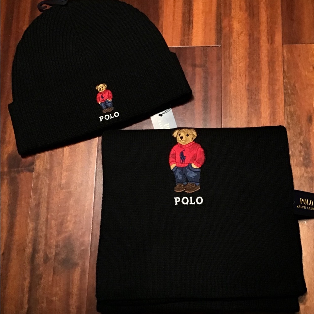 NWT Polo Ralph Lauren Polo Bear Scarf Hat Black
